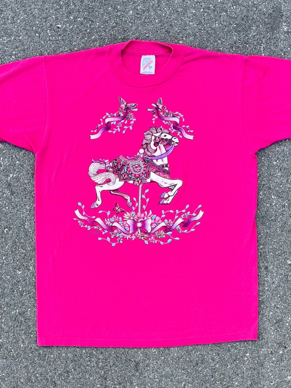 Vtg 1992 Carousel Horse Bows Tee M Pink Single Stitch Jerzees 50/50 Coquette